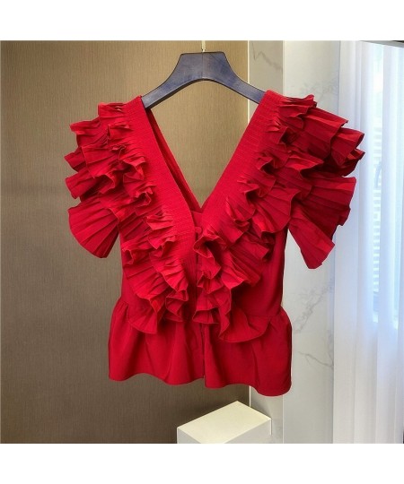 2022 Summer Fashion Women Ruffles Red Blouse Deep V Neck Sleeveless Lady Folds Tops $81.50 - Women Tops