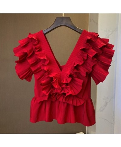 2022 Summer Fashion Women Ruffles Red Blouse Deep V Neck Sleeveless Lady Folds Tops $81.50 - Women Tops