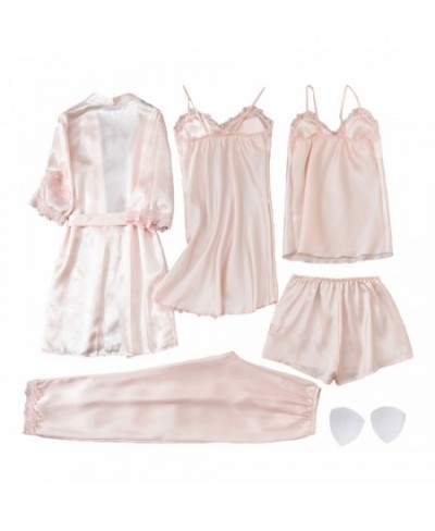 Female 5PCS Sleepwear Set Satin Lace Pajamas Camisole Nightdress Pants Shorts Robe Suit For Solid Home Nightwear Pijama $45.9...