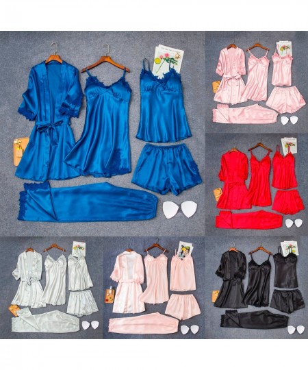 Female 5PCS Sleepwear Set Satin Lace Pajamas Camisole Nightdress Pants Shorts Robe Suit For Solid Home Nightwear Pijama $45.9...