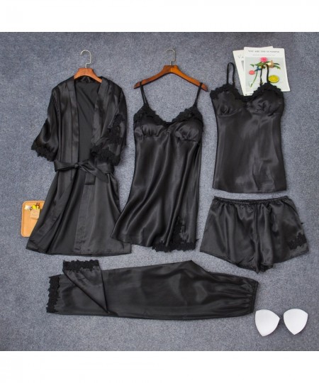 Female 5PCS Sleepwear Set Satin Lace Pajamas Camisole Nightdress Pants Shorts Robe Suit For Solid Home Nightwear Pijama $45.9...