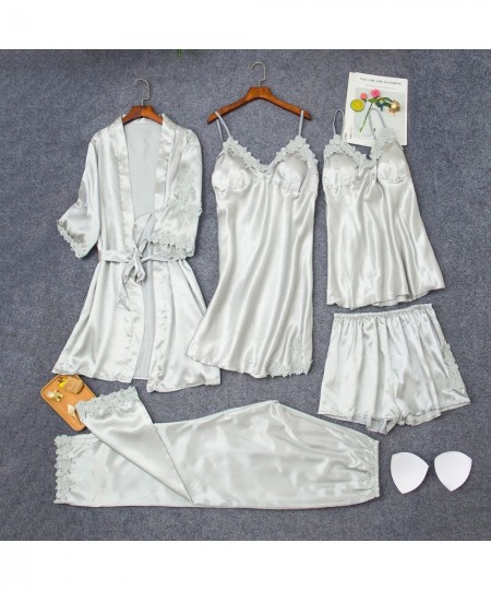 Female 5PCS Sleepwear Set Satin Lace Pajamas Camisole Nightdress Pants Shorts Robe Suit For Solid Home Nightwear Pijama $45.9...