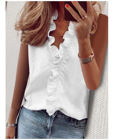 Casual Short Sleeve V Neck Ruffles Blouses Elegant Office Lady Shirts Summer Vintage Harajuku Loose Tops Female Boho Tunic $2...