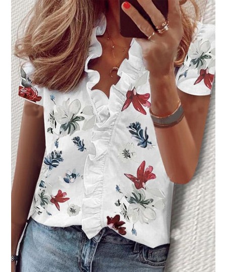 Casual Short Sleeve V Neck Ruffles Blouses Elegant Office Lady Shirts Summer Vintage Harajuku Loose Tops Female Boho Tunic $2...