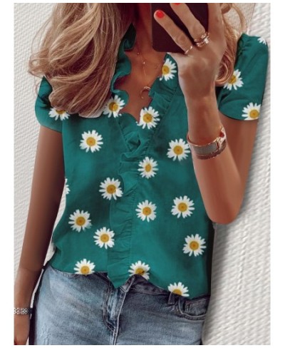 Casual Short Sleeve V Neck Ruffles Blouses Elegant Office Lady Shirts Summer Vintage Harajuku Loose Tops Female Boho Tunic $2...