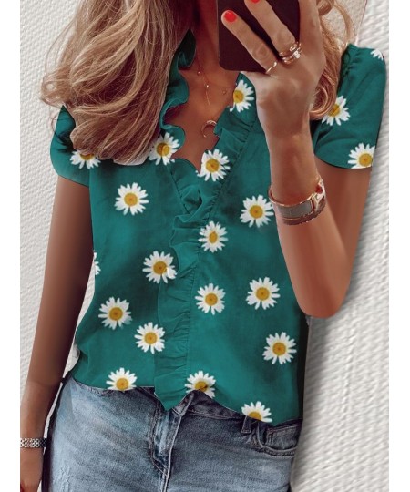 Casual Short Sleeve V Neck Ruffles Blouses Elegant Office Lady Shirts Summer Vintage Harajuku Loose Tops Female Boho Tunic $2...