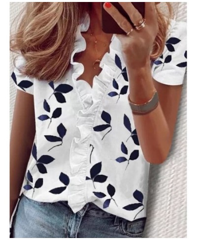 Casual Short Sleeve V Neck Ruffles Blouses Elegant Office Lady Shirts Summer Vintage Harajuku Loose Tops Female Boho Tunic $2...