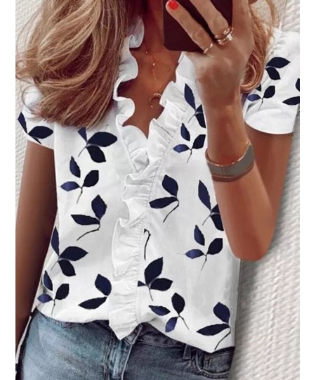 Casual Short Sleeve V Neck Ruffles Blouses Elegant Office Lady Shirts Summer Vintage Harajuku Loose Tops Female Boho Tunic $2...