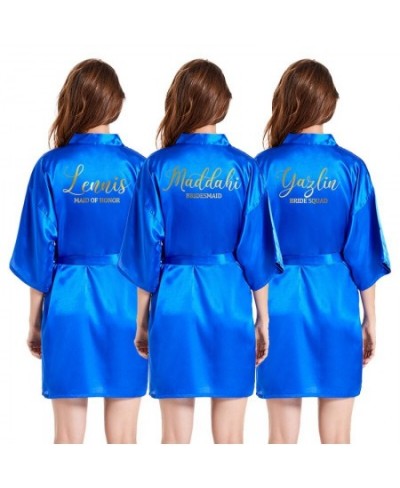 personalized writing bride robe satin women royal blue kimono gold foil letter bridesmaid gift vestidos de novia bridal robes...