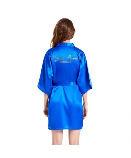 personalized writing bride robe satin women royal blue kimono gold foil letter bridesmaid gift vestidos de novia bridal robes...