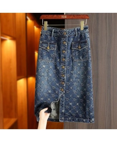 Spring Love Jacquard Denim Skirt Women Autumn 2023 New Casual Slim Split Buttock Skirt With pockets Female Long Denim Skirts ...