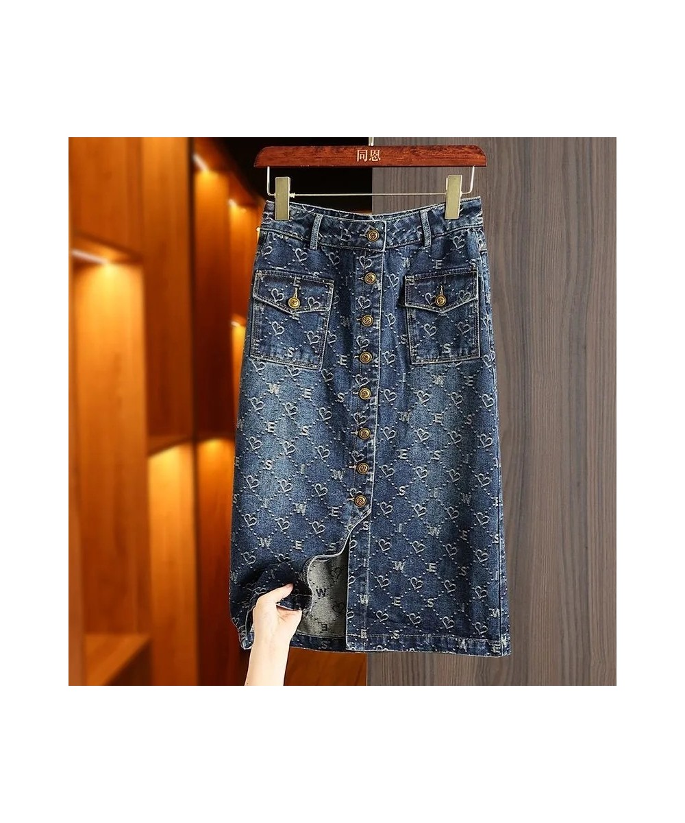 Spring Love Jacquard Denim Skirt Women Autumn 2023 New Casual Slim Split Buttock Skirt With pockets Female Long Denim Skirts ...