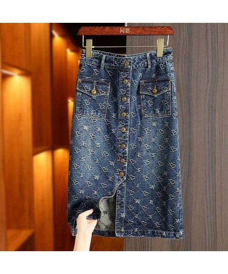 Spring Love Jacquard Denim Skirt Women Autumn 2023 New Casual Slim Split Buttock Skirt With pockets Female Long Denim Skirts ...