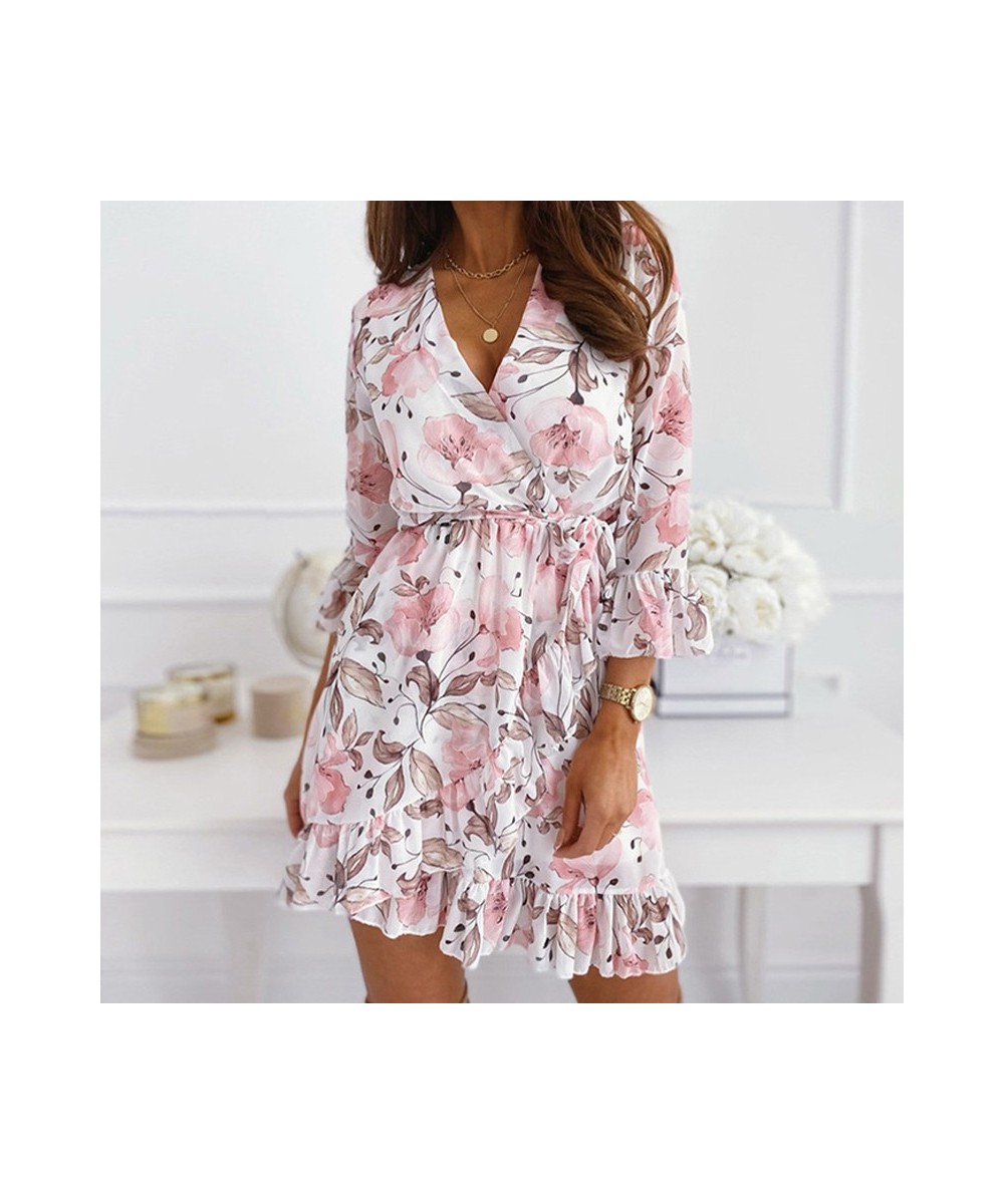 3/4 Sleeve Women Chiffon Sash Autumn Dress Floral Print Boho Casual Plus Size Dress Spring Black Short Dress 2023 $36.14 - Dr...