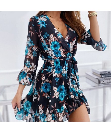 3/4 Sleeve Women Chiffon Sash Autumn Dress Floral Print Boho Casual Plus Size Dress Spring Black Short Dress 2023 $36.14 - Dr...