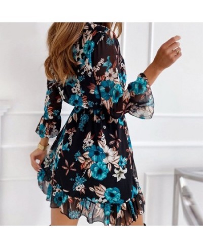 3/4 Sleeve Women Chiffon Sash Autumn Dress Floral Print Boho Casual Plus Size Dress Spring Black Short Dress 2023 $36.14 - Dr...