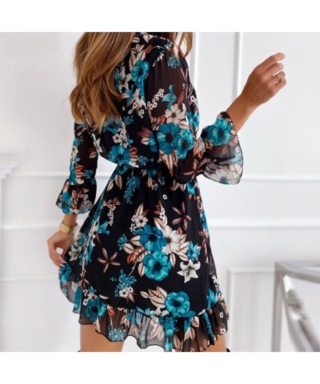 3/4 Sleeve Women Chiffon Sash Autumn Dress Floral Print Boho Casual Plus Size Dress Spring Black Short Dress 2023 $36.14 - Dr...