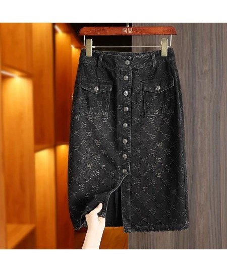 Spring Love Jacquard Denim Skirt Women Autumn 2023 New Casual Slim Split Buttock Skirt With pockets Female Long Denim Skirts ...