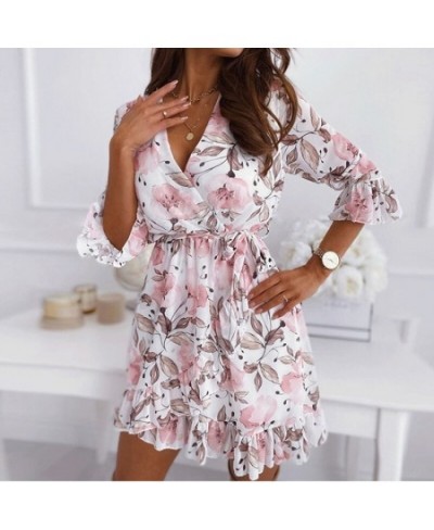 3/4 Sleeve Women Chiffon Sash Autumn Dress Floral Print Boho Casual Plus Size Dress Spring Black Short Dress 2023 $36.14 - Dr...