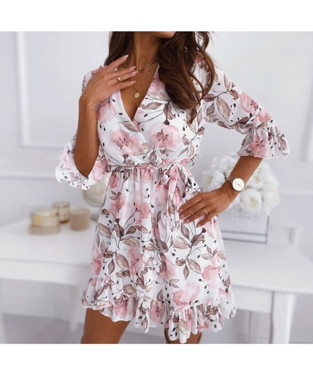 3/4 Sleeve Women Chiffon Sash Autumn Dress Floral Print Boho Casual Plus Size Dress Spring Black Short Dress 2023 $36.14 - Dr...