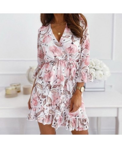 3/4 Sleeve Women Chiffon Sash Autumn Dress Floral Print Boho Casual Plus Size Dress Spring Black Short Dress 2023 $36.14 - Dr...