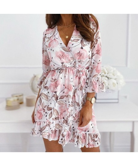 3/4 Sleeve Women Chiffon Sash Autumn Dress Floral Print Boho Casual Plus Size Dress Spring Black Short Dress 2023 $36.14 - Dr...