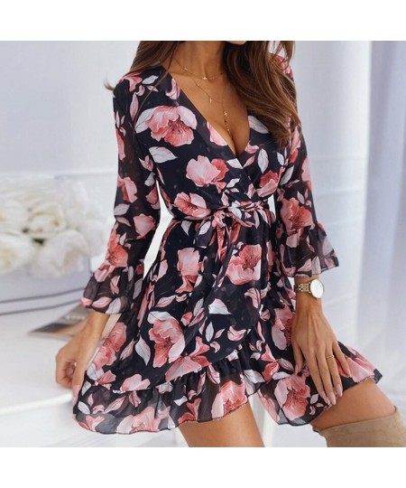 3/4 Sleeve Women Chiffon Sash Autumn Dress Floral Print Boho Casual Plus Size Dress Spring Black Short Dress 2023 $36.14 - Dr...