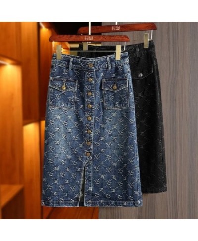 Spring Love Jacquard Denim Skirt Women Autumn 2023 New Casual Slim Split Buttock Skirt With pockets Female Long Denim Skirts ...