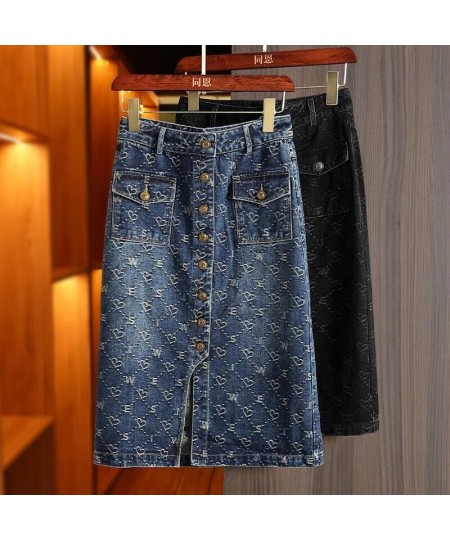 Spring Love Jacquard Denim Skirt Women Autumn 2023 New Casual Slim Split Buttock Skirt With pockets Female Long Denim Skirts ...