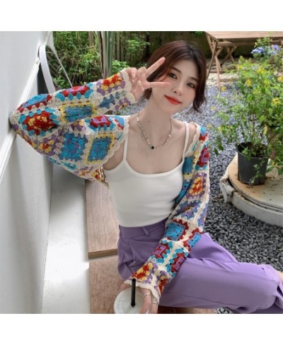 French Style Cardigan Women Vintage Colorful Hollow Out Design Sweater Cozy Thin Crop Tops Fashion Elegant Popular Sweet Chic...