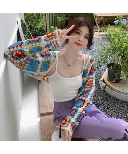 French Style Cardigan Women Vintage Colorful Hollow Out Design Sweater Cozy Thin Crop Tops Fashion Elegant Popular Sweet Chic...