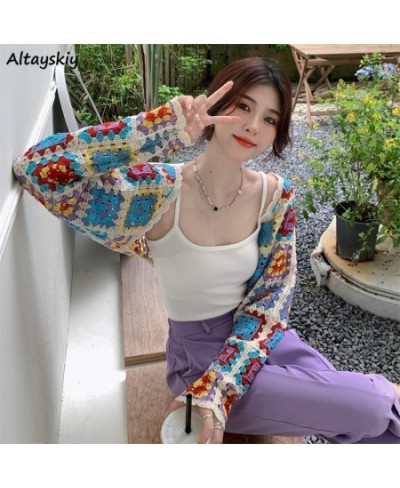 French Style Cardigan Women Vintage Colorful Hollow Out Design Sweater Cozy Thin Crop Tops Fashion Elegant Popular Sweet Chic...