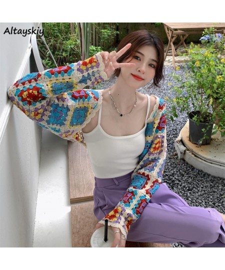 French Style Cardigan Women Vintage Colorful Hollow Out Design Sweater Cozy Thin Crop Tops Fashion Elegant Popular Sweet Chic...