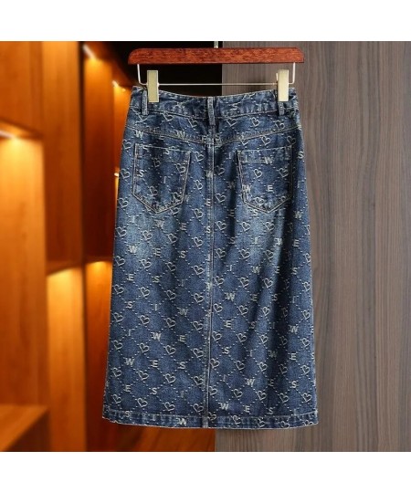 Spring Love Jacquard Denim Skirt Women Autumn 2023 New Casual Slim Split Buttock Skirt With pockets Female Long Denim Skirts ...