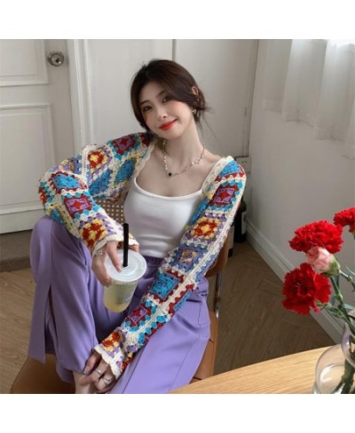 French Style Cardigan Women Vintage Colorful Hollow Out Design Sweater Cozy Thin Crop Tops Fashion Elegant Popular Sweet Chic...