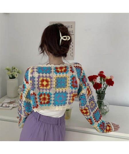 French Style Cardigan Women Vintage Colorful Hollow Out Design Sweater Cozy Thin Crop Tops Fashion Elegant Popular Sweet Chic...