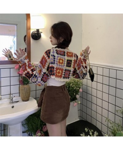 French Style Cardigan Women Vintage Colorful Hollow Out Design Sweater Cozy Thin Crop Tops Fashion Elegant Popular Sweet Chic...