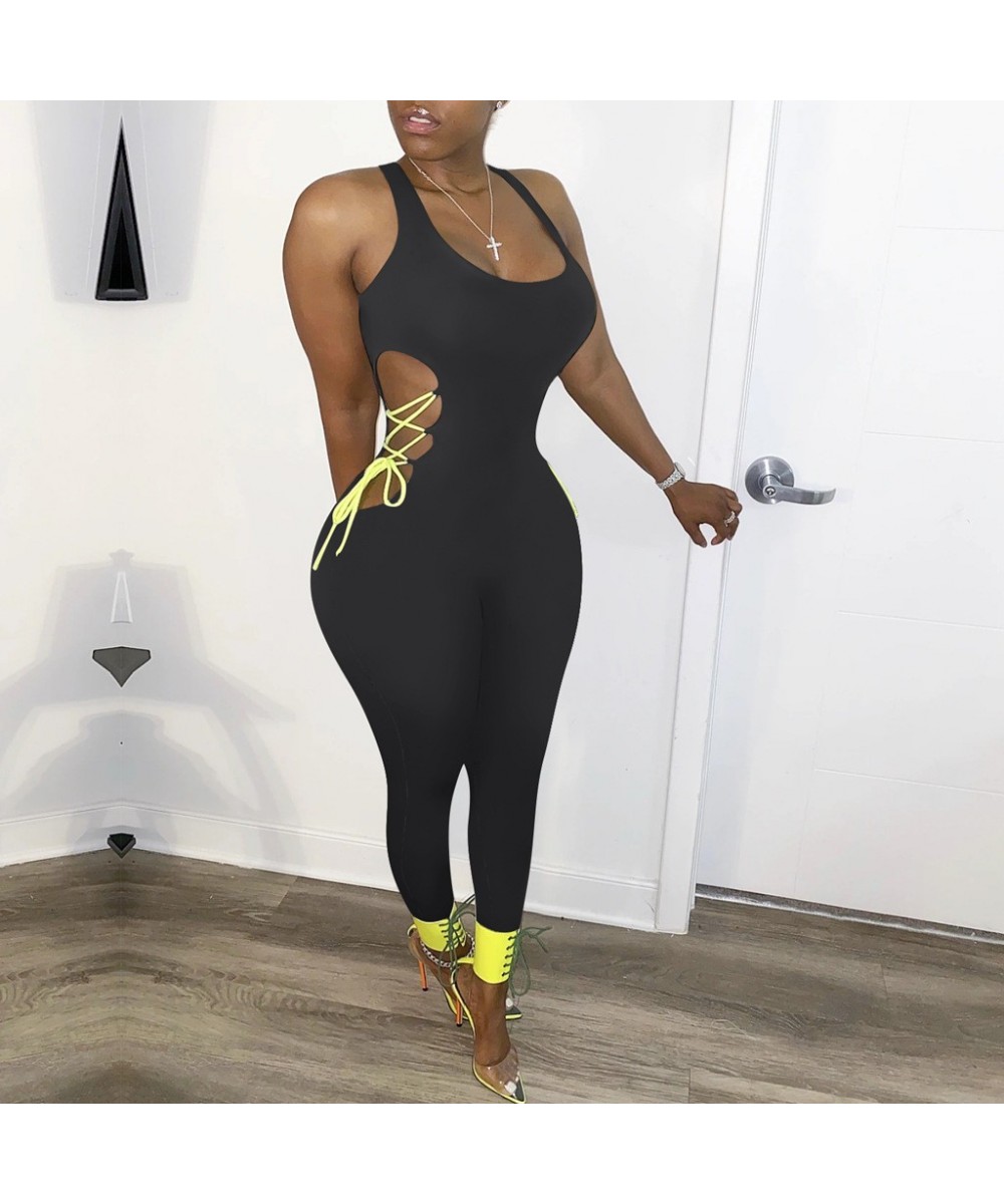 Women Fitness Bodycon Rompers Jumpsuit Sleeveless Casual Workout Active Wear Side Lace Up Jumpsuits Hollow Out Fashion 2023 $...