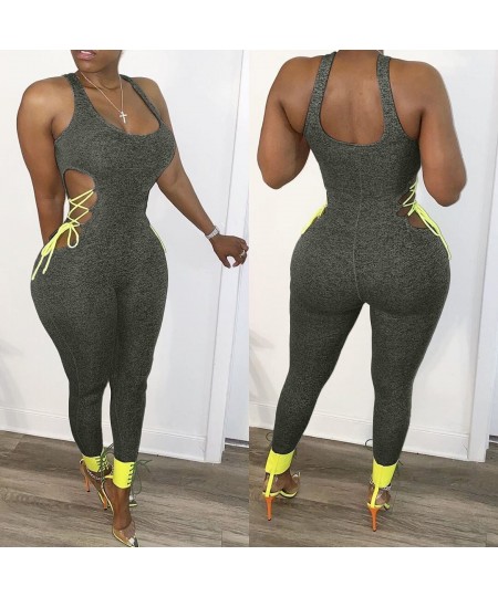 Women Fitness Bodycon Rompers Jumpsuit Sleeveless Casual Workout Active Wear Side Lace Up Jumpsuits Hollow Out Fashion 2023 $...