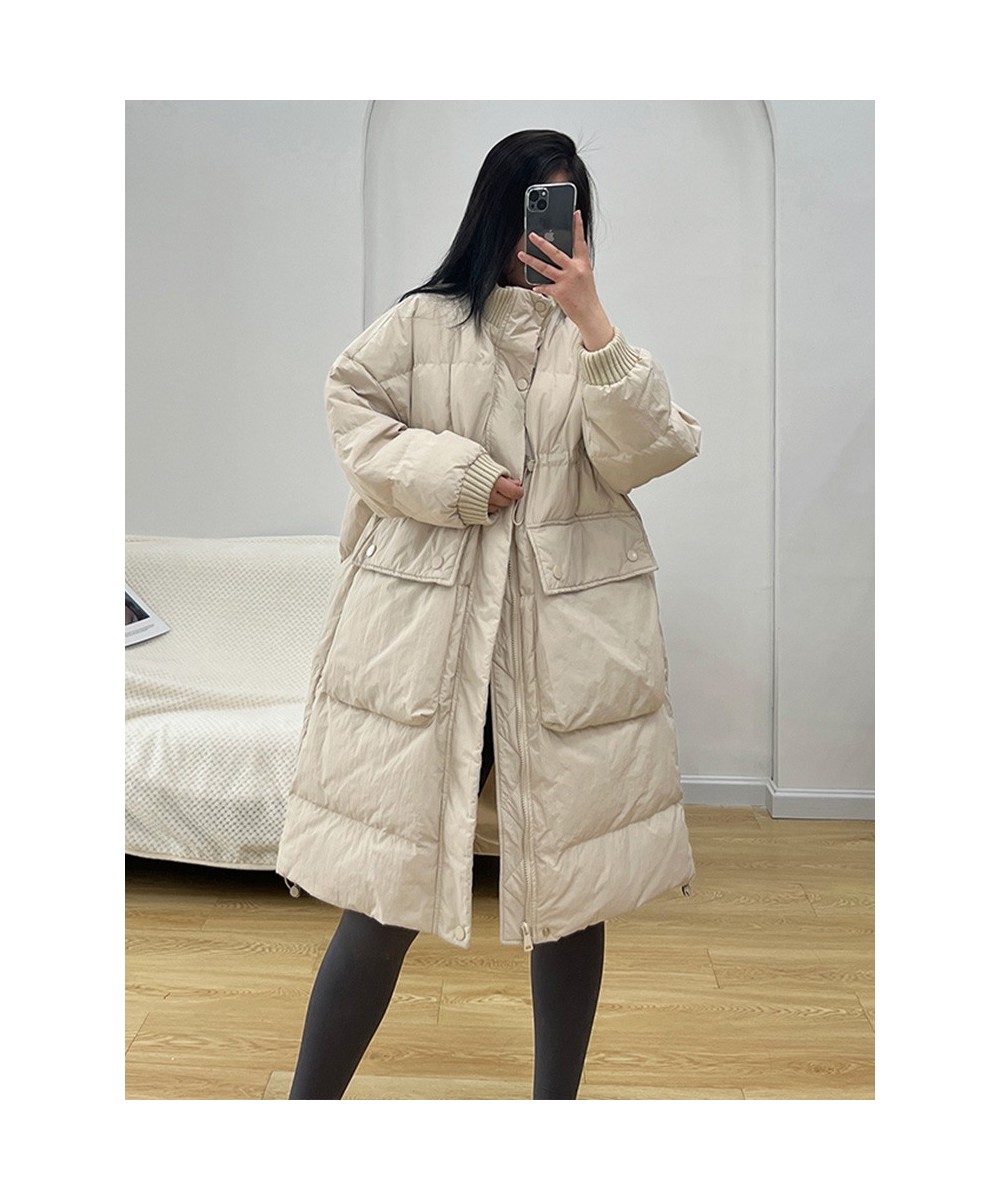 Winter Women White Duck Down Coat Casual Loose Stand Collar Drawstring Long Jacket Female Thick Parkas Snow Outwear $102.23 -...