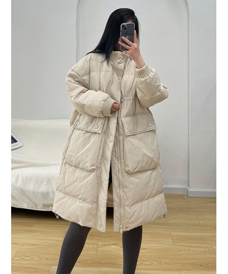 Winter Women White Duck Down Coat Casual Loose Stand Collar Drawstring Long Jacket Female Thick Parkas Snow Outwear $102.23 -...