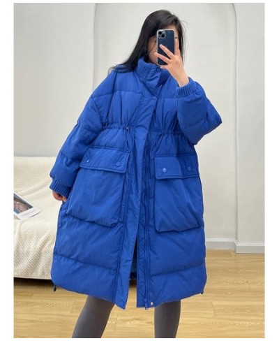 Winter Women White Duck Down Coat Casual Loose Stand Collar Drawstring Long Jacket Female Thick Parkas Snow Outwear $102.23 -...