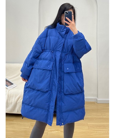 Winter Women White Duck Down Coat Casual Loose Stand Collar Drawstring Long Jacket Female Thick Parkas Snow Outwear $102.23 -...