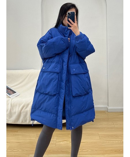 Winter Women White Duck Down Coat Casual Loose Stand Collar Drawstring Long Jacket Female Thick Parkas Snow Outwear $102.23 -...