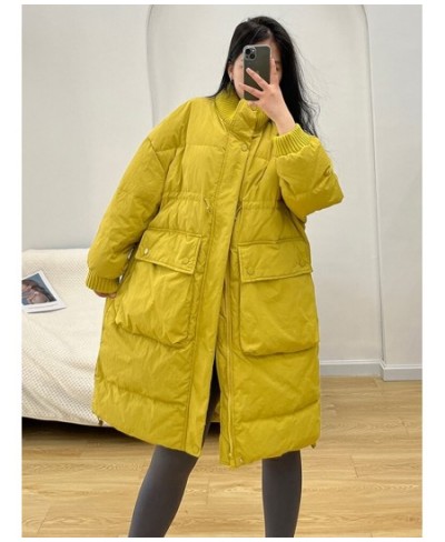 Winter Women White Duck Down Coat Casual Loose Stand Collar Drawstring Long Jacket Female Thick Parkas Snow Outwear $102.23 -...