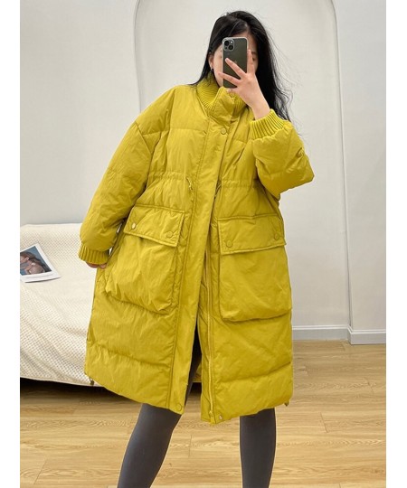 Winter Women White Duck Down Coat Casual Loose Stand Collar Drawstring Long Jacket Female Thick Parkas Snow Outwear $102.23 -...