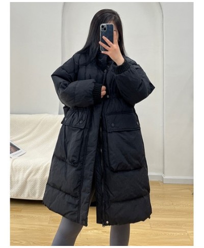 Winter Women White Duck Down Coat Casual Loose Stand Collar Drawstring Long Jacket Female Thick Parkas Snow Outwear $102.23 -...