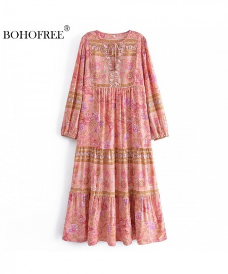 Boho Tunic Dress Floral Print Dress Long Sleeve Rayon Cotton Woman Beach Dress Mujer Maxi Vestidos Bohemian Vestidos $65.15 -...