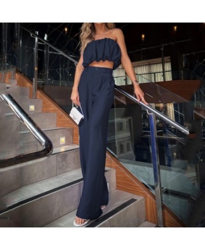 Women Two Piece Set Summer Solid Strapless Pleated Backless High Waist Tube Top Loose Wide Legs Pants Sets Streetwear $48.67 ...