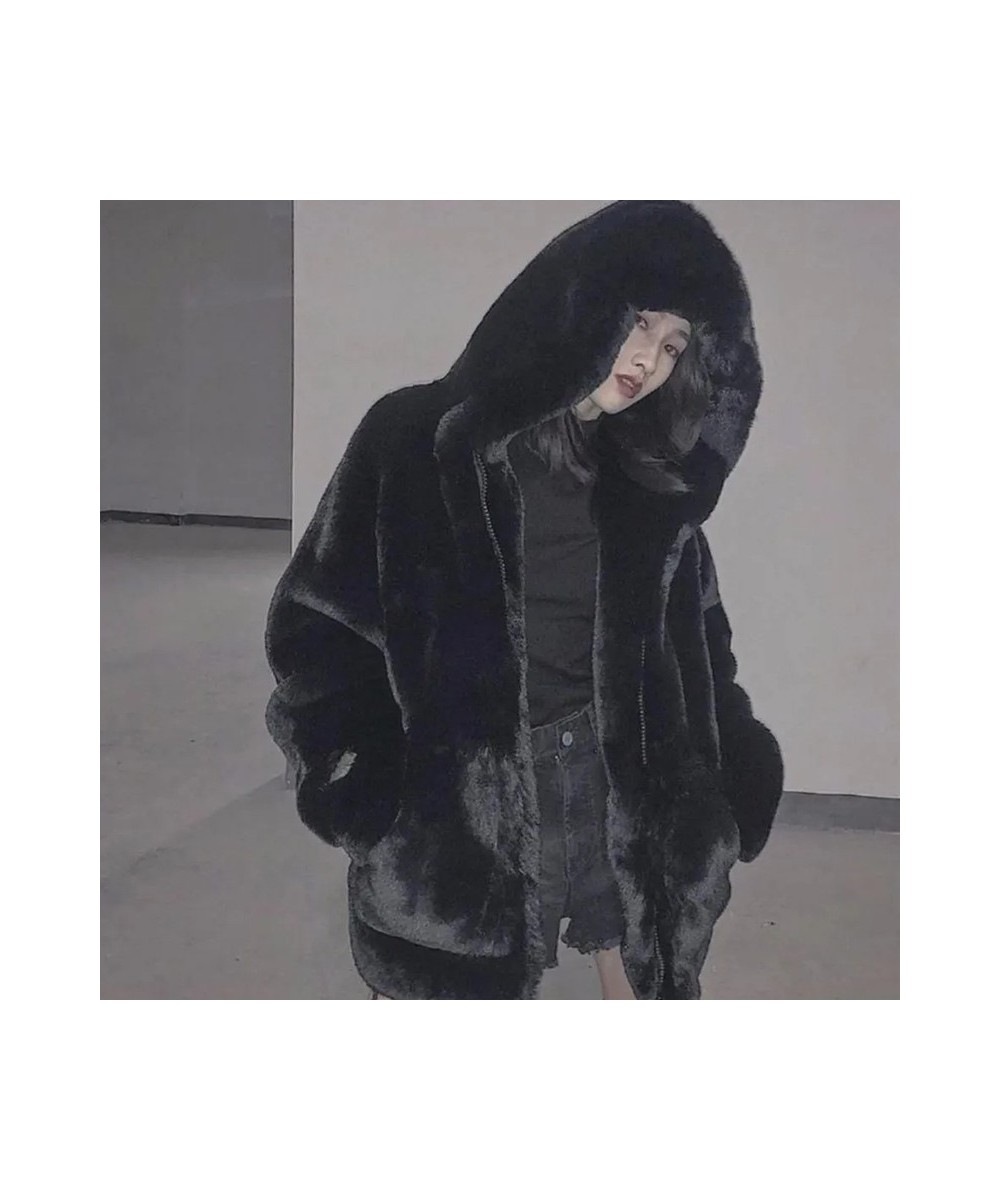 Korean Hooded Faux Rabbit Fur Winter Clothes Women Solid Color Zipper Big Pocket Medium Long Coat Women Warm Oversized Coats ...